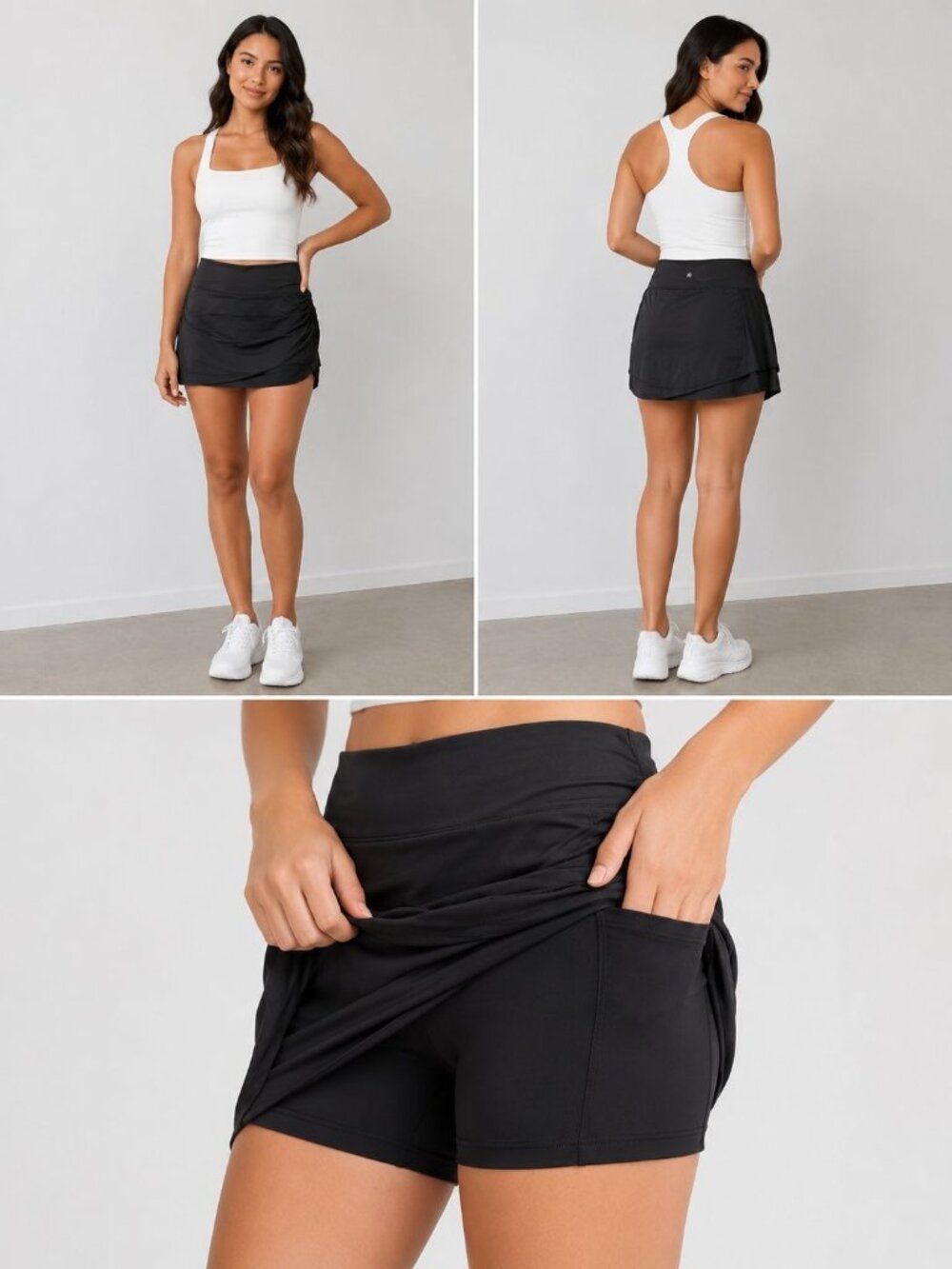 JoyLab Black XXL Skort With Tiered Layers Side Ruching Pockets On Shorts